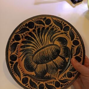 Handcrafted Ceramic Plate with Blue and Brown Design Mexican
